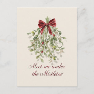Romantic Watercolor Mistletoe and Red Bow Holiday Postcard