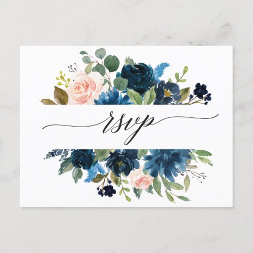 Romantic Watercolor Navy Blue Blush Floral RSVP Postcard