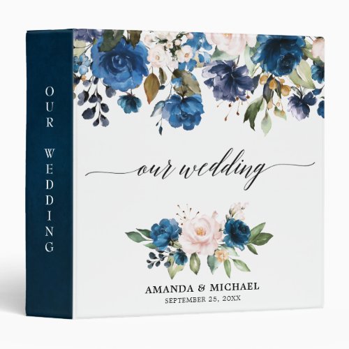 Romantic Watercolor Navy Blue Blush Rose Floral 3 Ring Binder