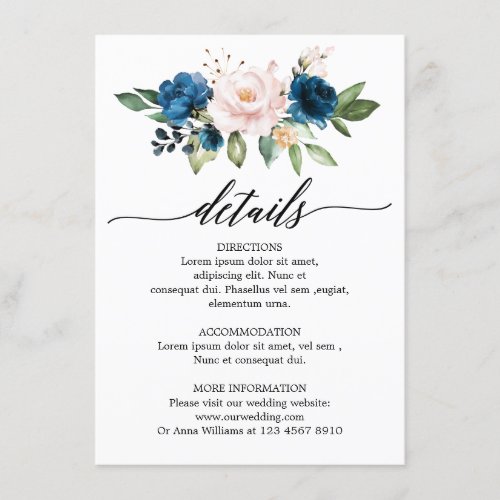 Romantic Watercolor Navy Blue Blush Rose Floral Enclosure Card