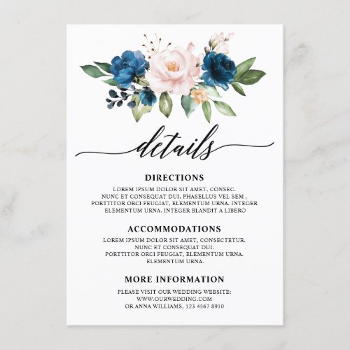 Romantic Watercolor Navy Blue Blush Rose Floral Enclosure Card