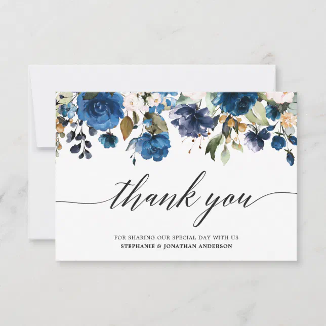 Romantic Watercolor Navy Blue Blush Rose Floral Thank You Card | Zazzle