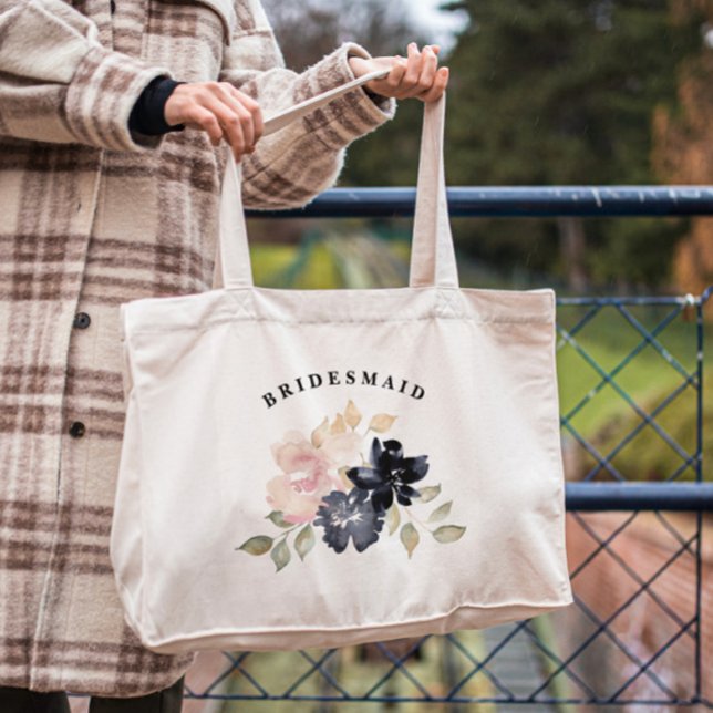 Romantic Watercolor Navy Florals Bridesmaid Tote Bag (Creator Uploaded)