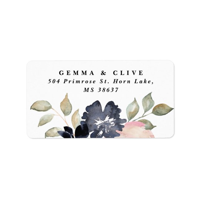 Romantic Watercolor Navy Florals Wedding Address Label (Front)