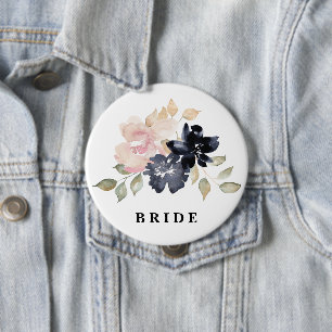 Romantic Watercolor Navy Florals Wedding Bride Button