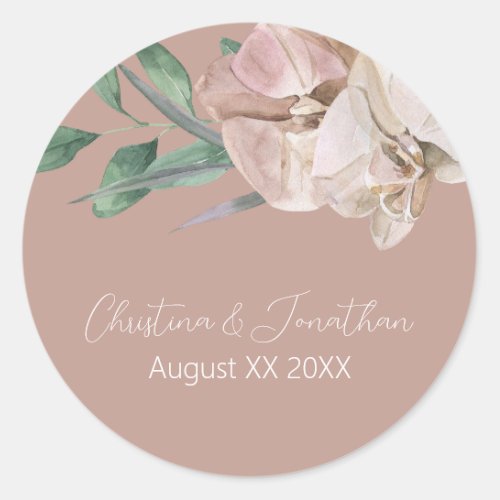 Romantic Watercolor Orchids on Dusty Blush Classic Round Sticker