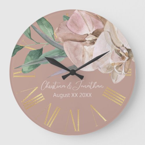 Romantic Watercolor Orchids on Dusty Blush Large Clock