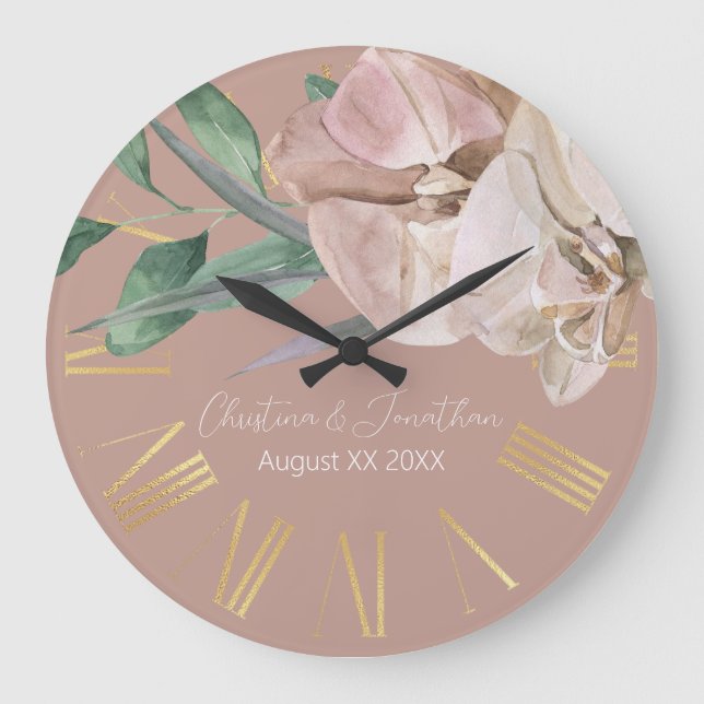 Romantic Watercolor Orchids on Dusty Blush Large Clock (Front)