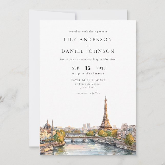Romantic Watercolor Paris France QR Code Wedding Invitation (Front)