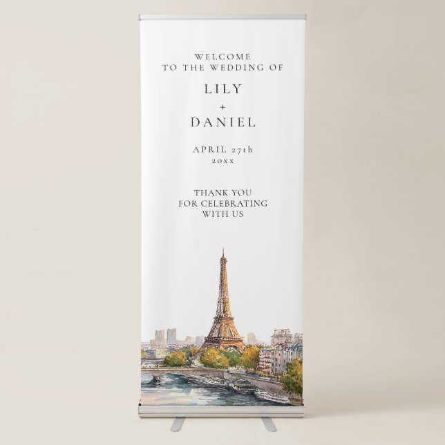 Romantic Watercolor Paris France Wedding Welcome Retractable Banner (Front)