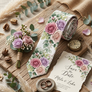 Romantic Watercolor Pastel Rose Floral  Neck Tie