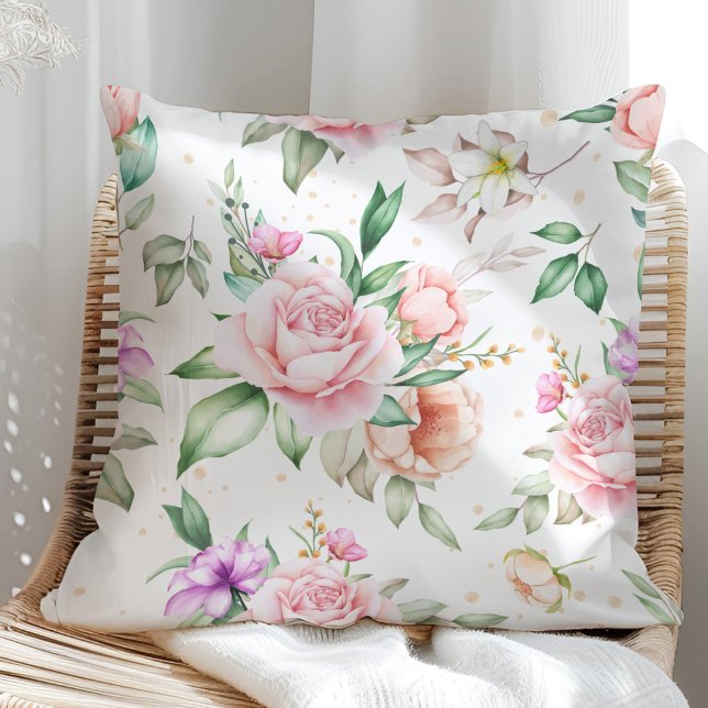 Romantic Watercolor Pastel Roses Throw Pillow (Romantic Watercolor Pastel Roses Throw Pillow on a sunny rattan armchair.)