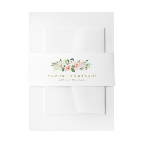 Romantic Watercolor Peach Floral Garland Wedding Invitation Belly Band