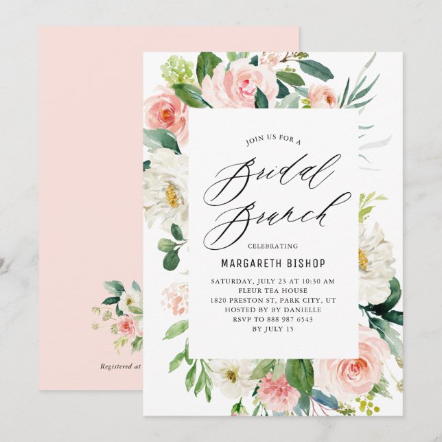 Romantic Watercolor Peach Florals Bridal Brunch Invitation (Front/Back)