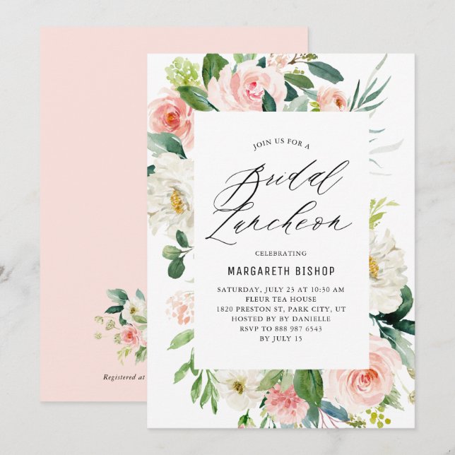 Romantic Watercolor Peach Florals Bridal Luncheon Invitation (Front/Back)
