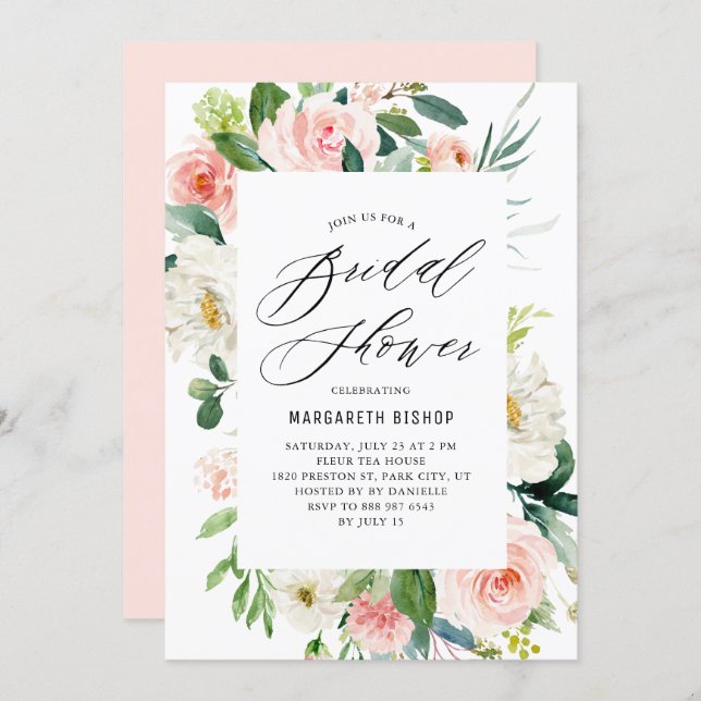 Romantic Watercolor Peach Florals Bridal Shower Invitation (Front/Back)