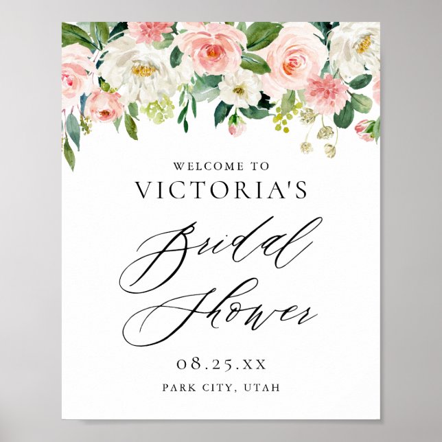 Romantic Watercolor Peach Florals Bridal Shower Poster (Front)