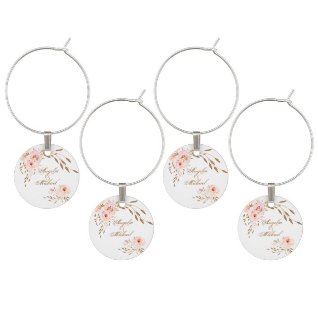 Romantic Watercolor Pink Blush Gold Rose Wine Charm (Staggered)