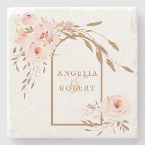 Romantic Watercolor Pink Blush Gold Roses  Stone Coaster