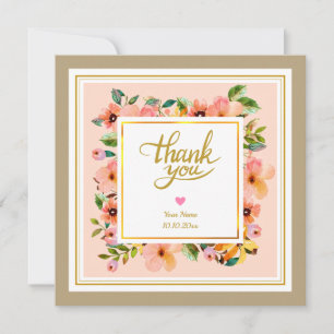 Romantic Watercolor Pink Floral Frame and Heart Note Card