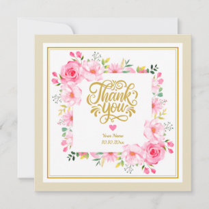 Romantic Watercolor Pink Floral Frame and Heart Note Card