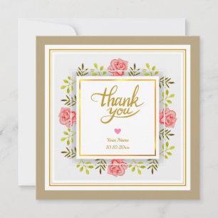 Romantic Watercolor Pink Floral Frame and Heart Note Card