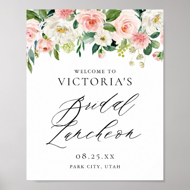 Romantic Watercolor Pink Florals Bridal Luncheon Poster (Front)