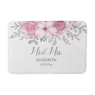Romantic Watercolor Pink Florals Mr & Mrs Wedding Bath Mat