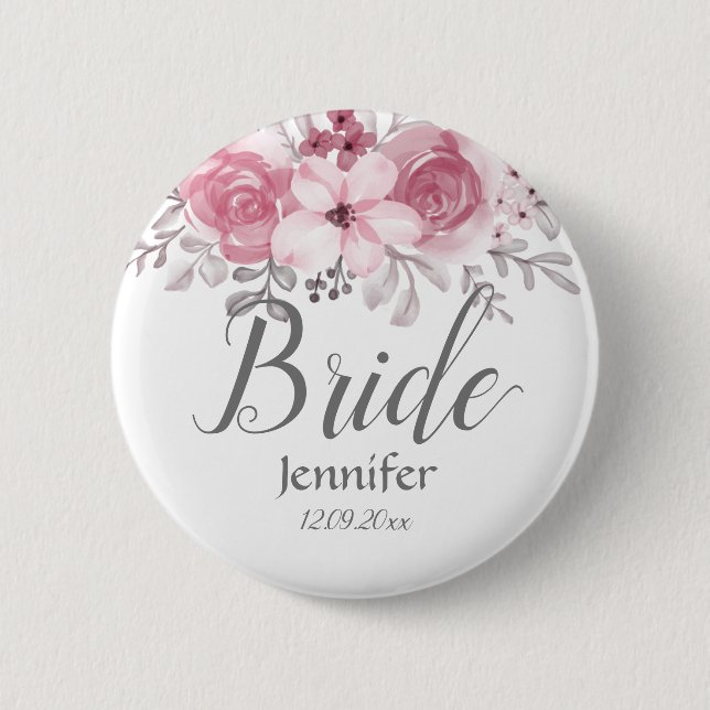 Romantic Watercolor Pink Florals Mr & Mrs Wedding  Button (Front)