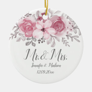 Romantic Watercolor Pink Florals Mr & Mrs Wedding Ceramic Ornament