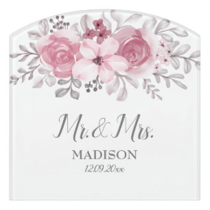 Romantic Watercolor Pink Florals Mr & Mrs Wedding Door Sign