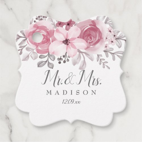 Romantic Watercolor Pink Florals Mr  Mrs Wedding  Favor Tags