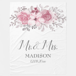 Romantic Watercolor Pink Florals Mr & Mrs Wedding Fleece Blanket