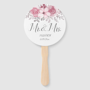 Romantic Watercolor Pink Florals Mr & Mrs Wedding Hand Fan