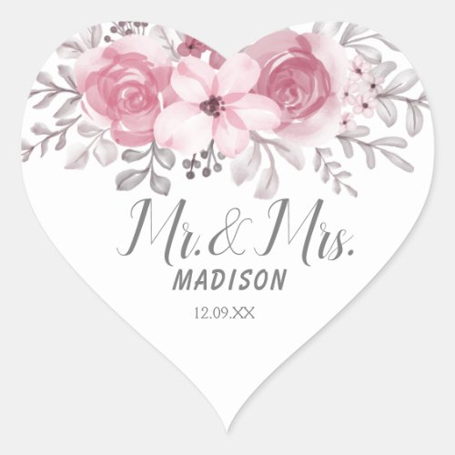 Romantic Watercolor Pink Florals Mr  Mrs Wedding  Heart Sticker
