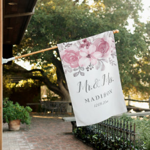 Romantic Watercolor Pink Florals Mr & Mrs Wedding House Flag