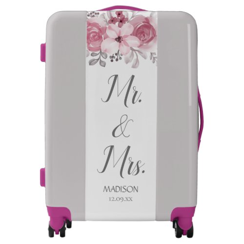 Romantic Watercolor Pink Florals Mr  Mrs Wedding  Luggage
