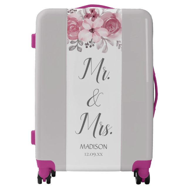 Romantic Watercolor Pink Florals Mr & Mrs Wedding  Luggage (Front)