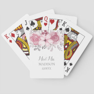 Romantic Watercolor Pink Florals Mr & Mrs Wedding Poker Cards