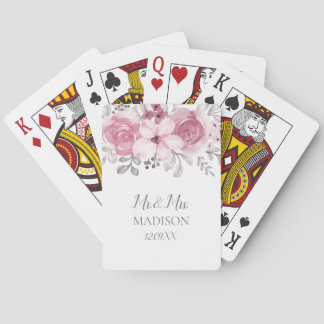 Romantic Watercolor Pink Florals Mr & Mrs Wedding Poker Cards