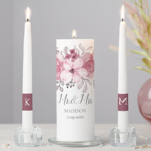 Romantic Watercolor Pink Florals Mr  Mrs Wedding  Unity Candle Set