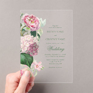 Romantic Watercolor Pink Flowers Garden Wedding Acrylic Invitations