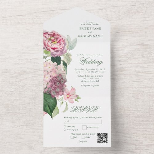 Romantic Watercolor Pink Flowers Garden Wedding All In One Invitation