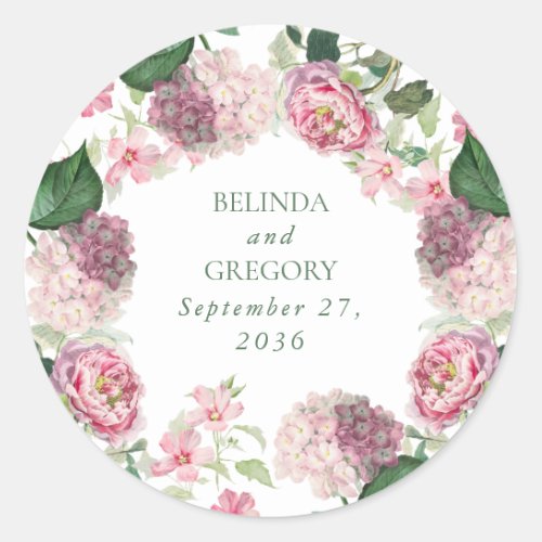 Romantic Watercolor Pink Flowers Garden Wedding Classic Round Sticker