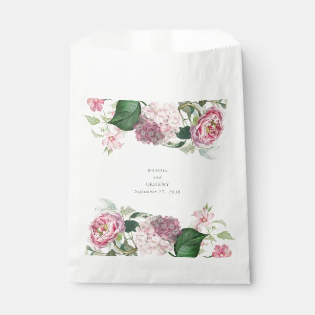 Romantic Watercolor Pink Flowers Garden Wedding Favor Bag (Front)