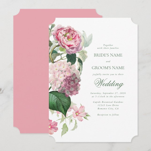 Romantic Watercolor Pink Flowers Garden Wedding Invitation (Front/Back)