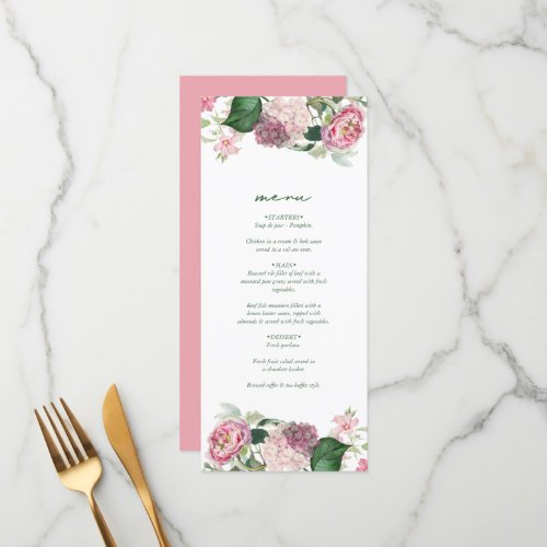 Romantic Watercolor Pink Flowers Garden Wedding Menu