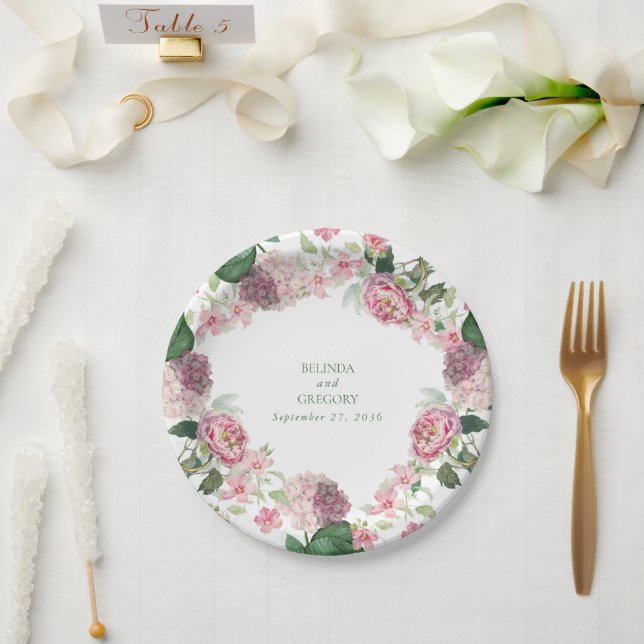 Romantic Watercolor Pink Flowers Garden Wedding Paper Plates (Wedding)