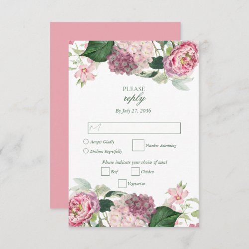 Romantic Watercolor Pink Flowers Garden Wedding RSVP Card