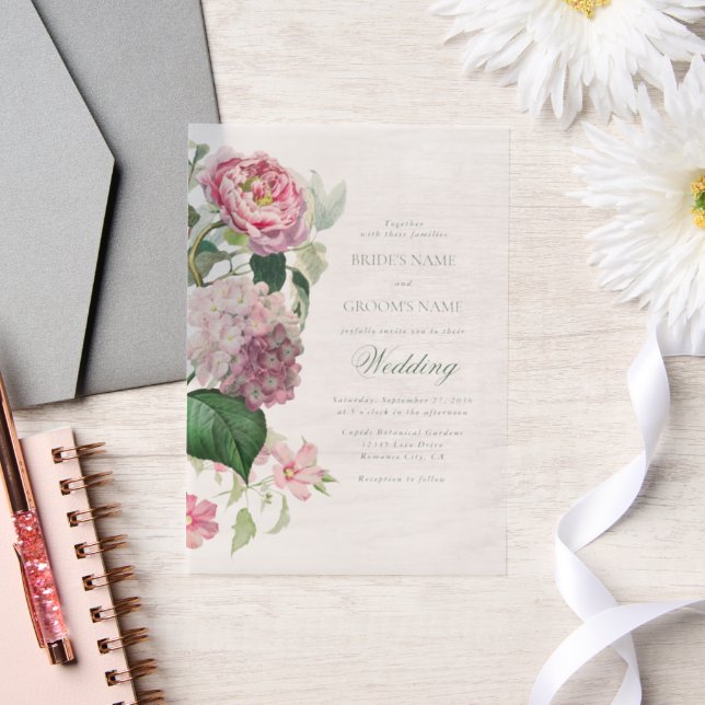 Romantic Watercolor Pink Flowers Garden Wedding Vellum Invitations (Wedding)